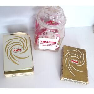 Vintage TWA Airline Cards & Paper Clip Jar Desk Set Retro Aviation Collectible